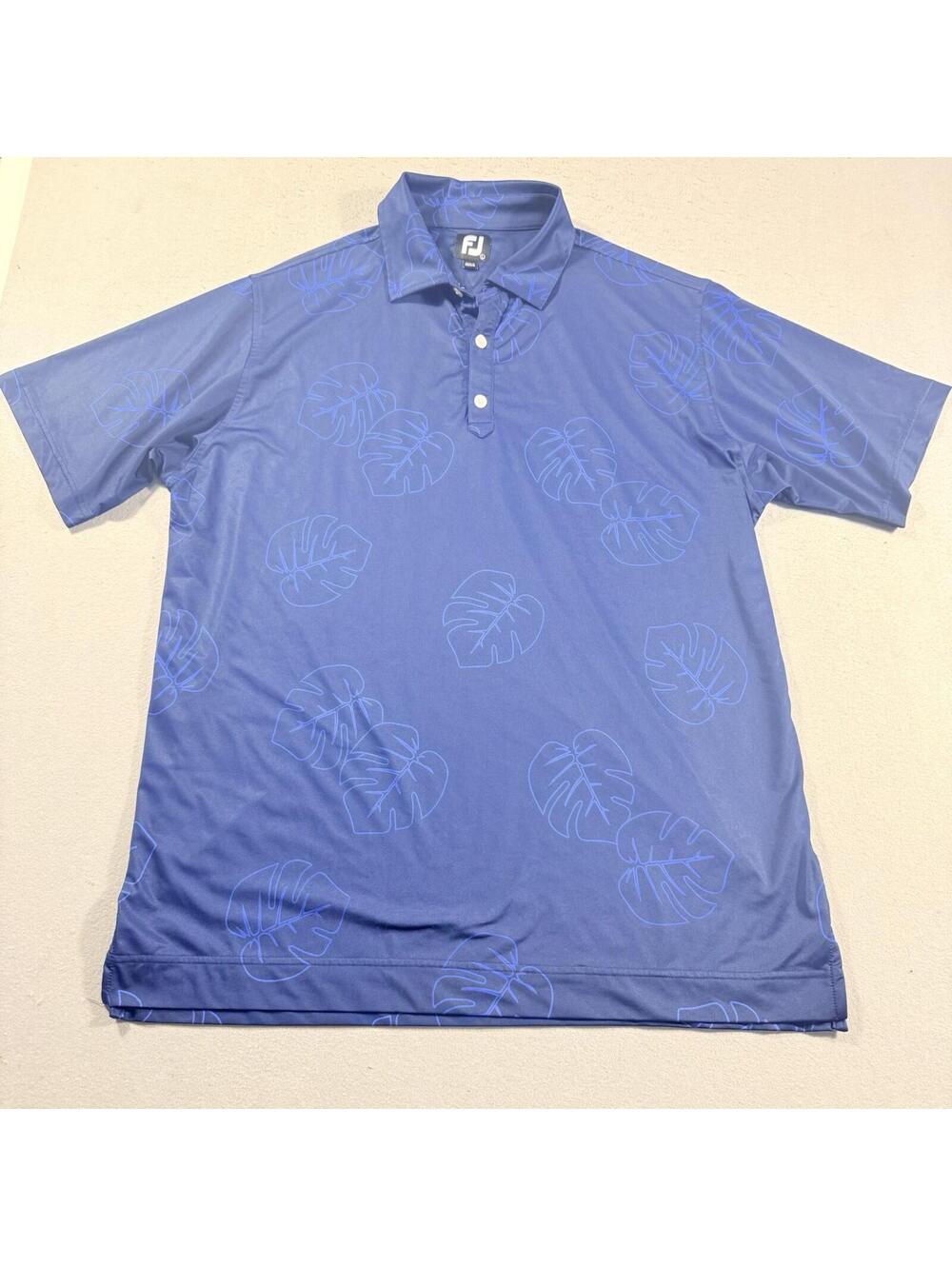 FootJoy Golf Polo Shirt Blue Monstera Print Stretch‎ Men’s Large Beach Casual
